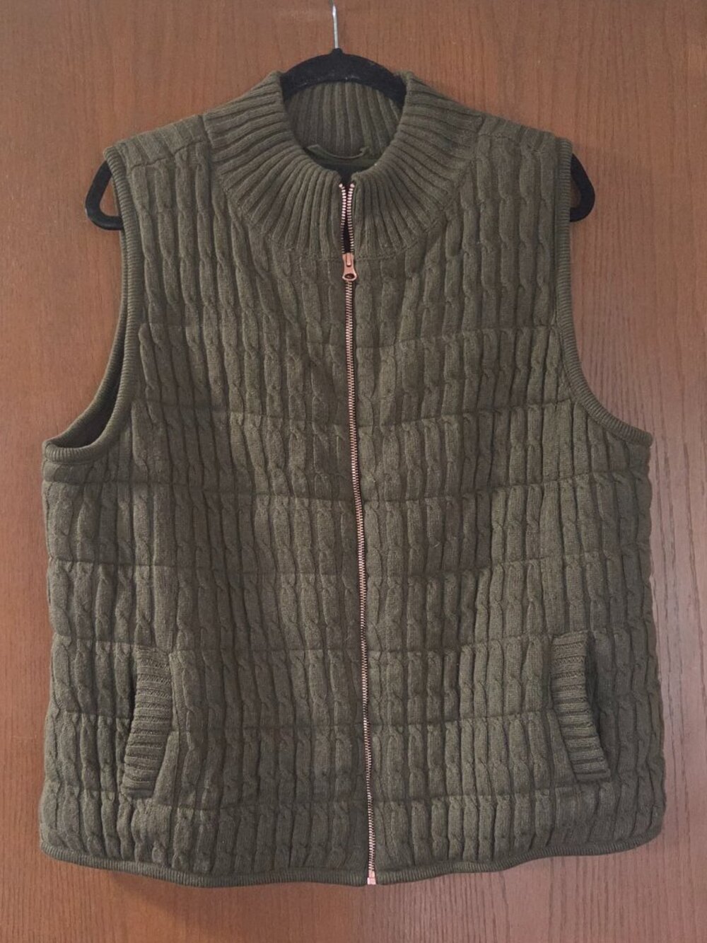 Talbots Olive Green Quilted Cable-Knit Zip Front Vest- Size XL